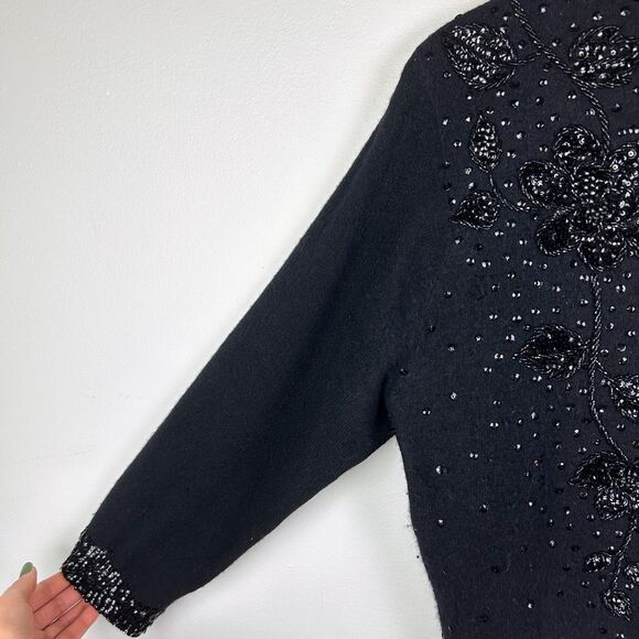 Cyn Les Vintage 1950's Lambs Wool & Angora Sequin Beaded Knit Cardigan Black 40 - Picture 3 of 15
